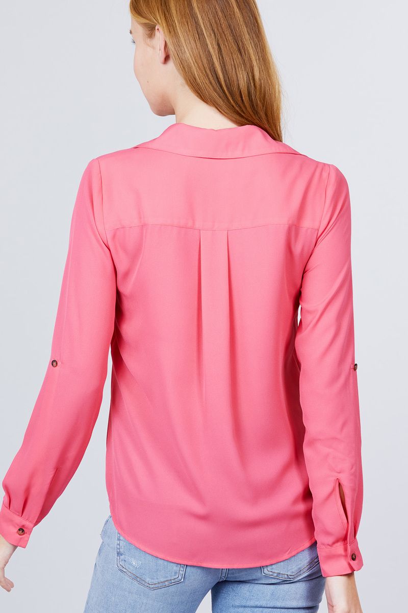 Pink 3/4 Roll Up Sleeve Pocket W/zipper Detail Woven Blouse