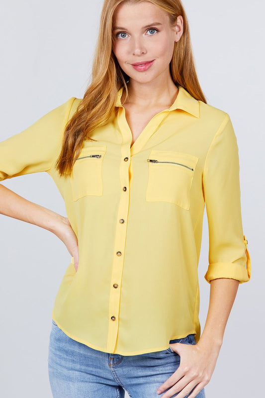 Light Yellow 3/4 Roll Up Sleeve Pocket W/zipper Detail Woven Blouse