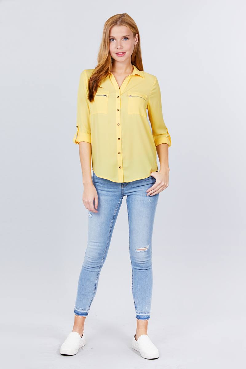 Light Yellow 3/4 Roll Up Sleeve Pocket W/zipper Detail Woven Blouse