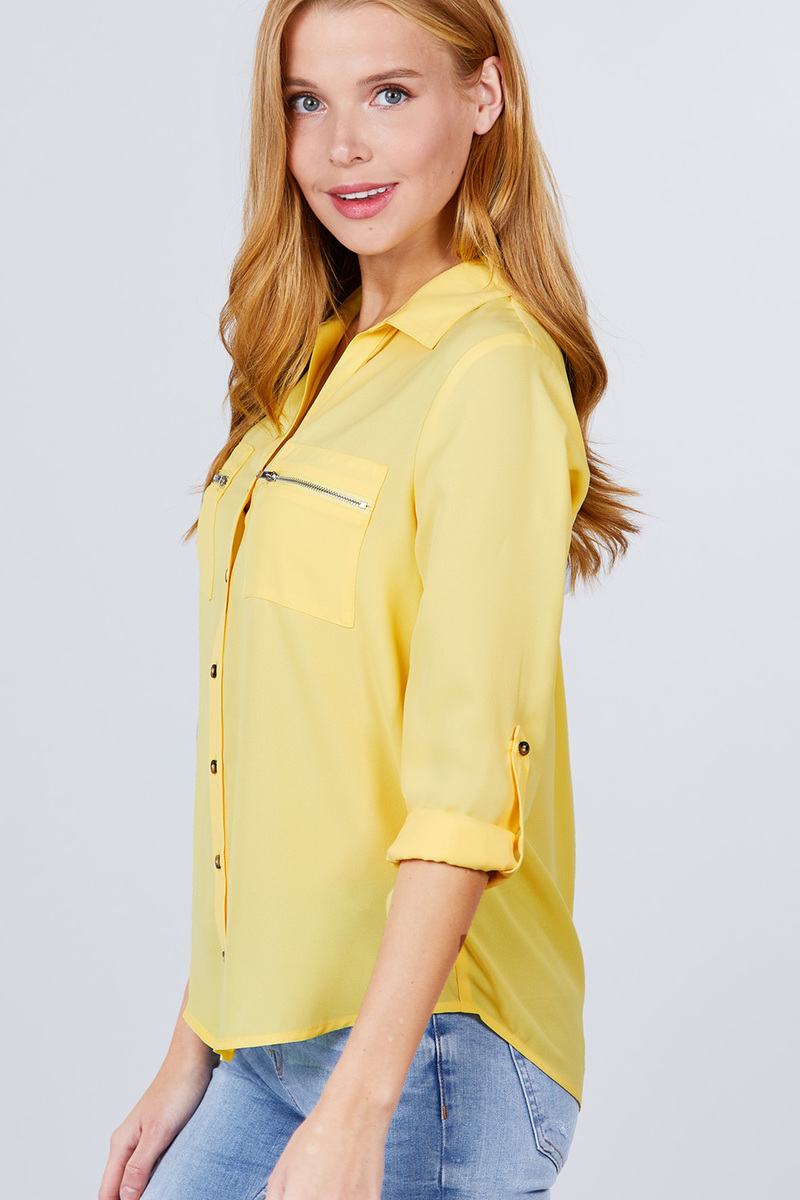 Light Yellow 3/4 Roll Up Sleeve Pocket W/zipper Detail Woven Blouse