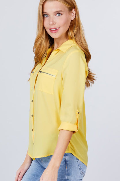 Light Yellow 3/4 Roll Up Sleeve Pocket W/zipper Detail Woven Blouse