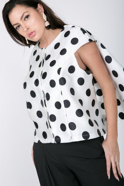 Black & White Cascade Ruffle Detail Polka Dot Print Top