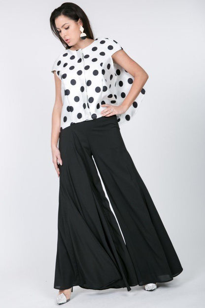 Black & White Cascade Ruffle Detail Polka Dot Print Top