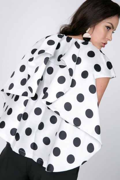Black & White Cascade Ruffle Detail Polka Dot Print Top