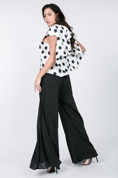 Black & White Cascade Ruffle Detail Polka Dot Print Top