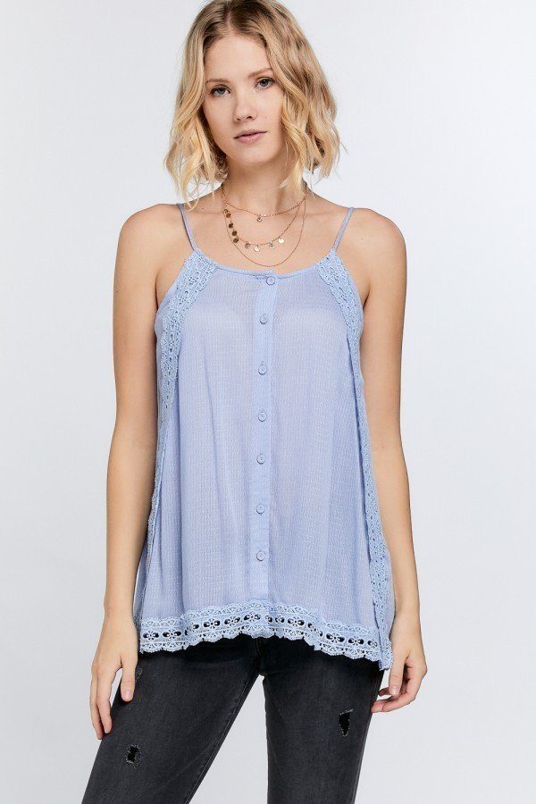 Light Blue Lace Trim Detailed Button Down Solid Subtle Slit Side Overlay Layered Cami Top