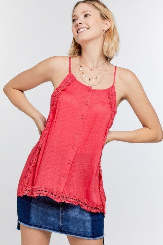 Red Lace Trim Detailed Button Down Solid Subtle Slit Side Overlay Layered Cami Top