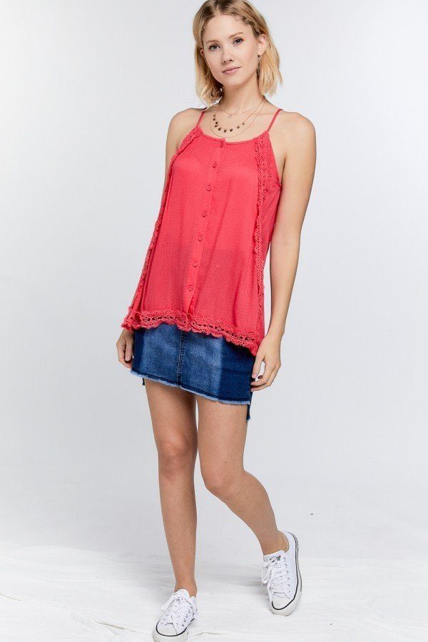 Red Lace Trim Detailed Button Down Solid Subtle Slit Side Overlay Layered Cami Top