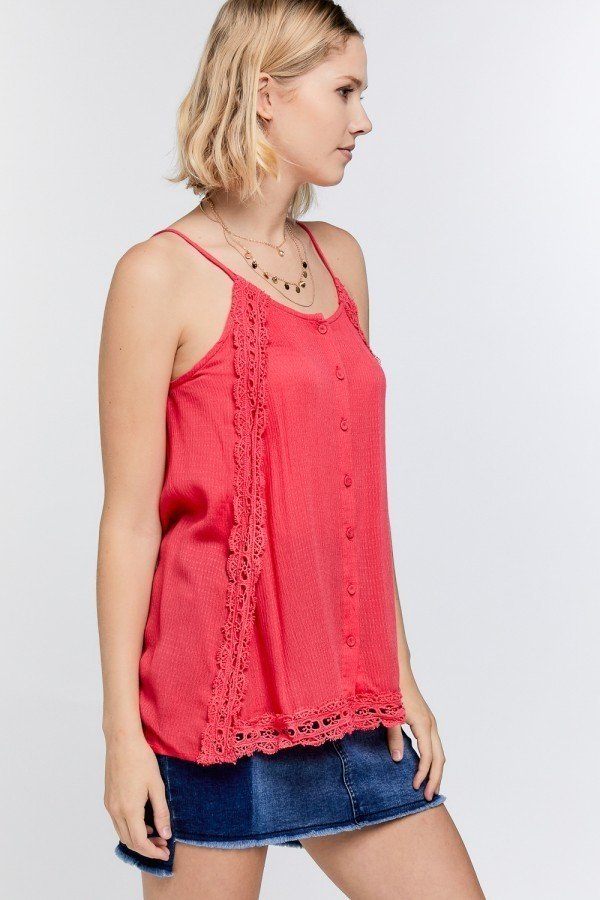 Red Lace Trim Detailed Button Down Solid Subtle Slit Side Overlay Layered Cami Top