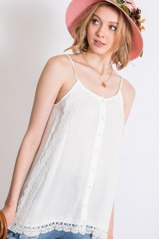 White Lace Trim Detailed Button Down Solid Subtle Slit Side Overlay Layered Cami Top