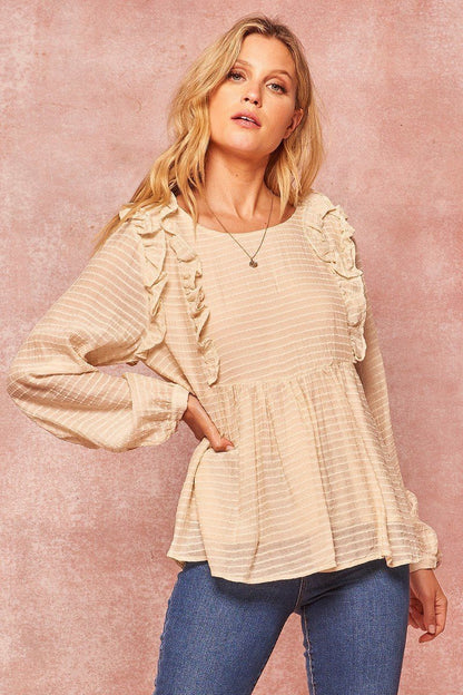 Tan Semi-sheer Striped Woven Top