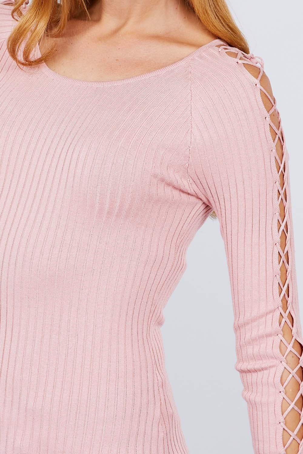 Long Sleeve W/strappy Detail Round Neck Rib Sweater Top