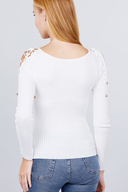 Long Sleeve W/strappy Detail Round Neck Rib Sweater Top