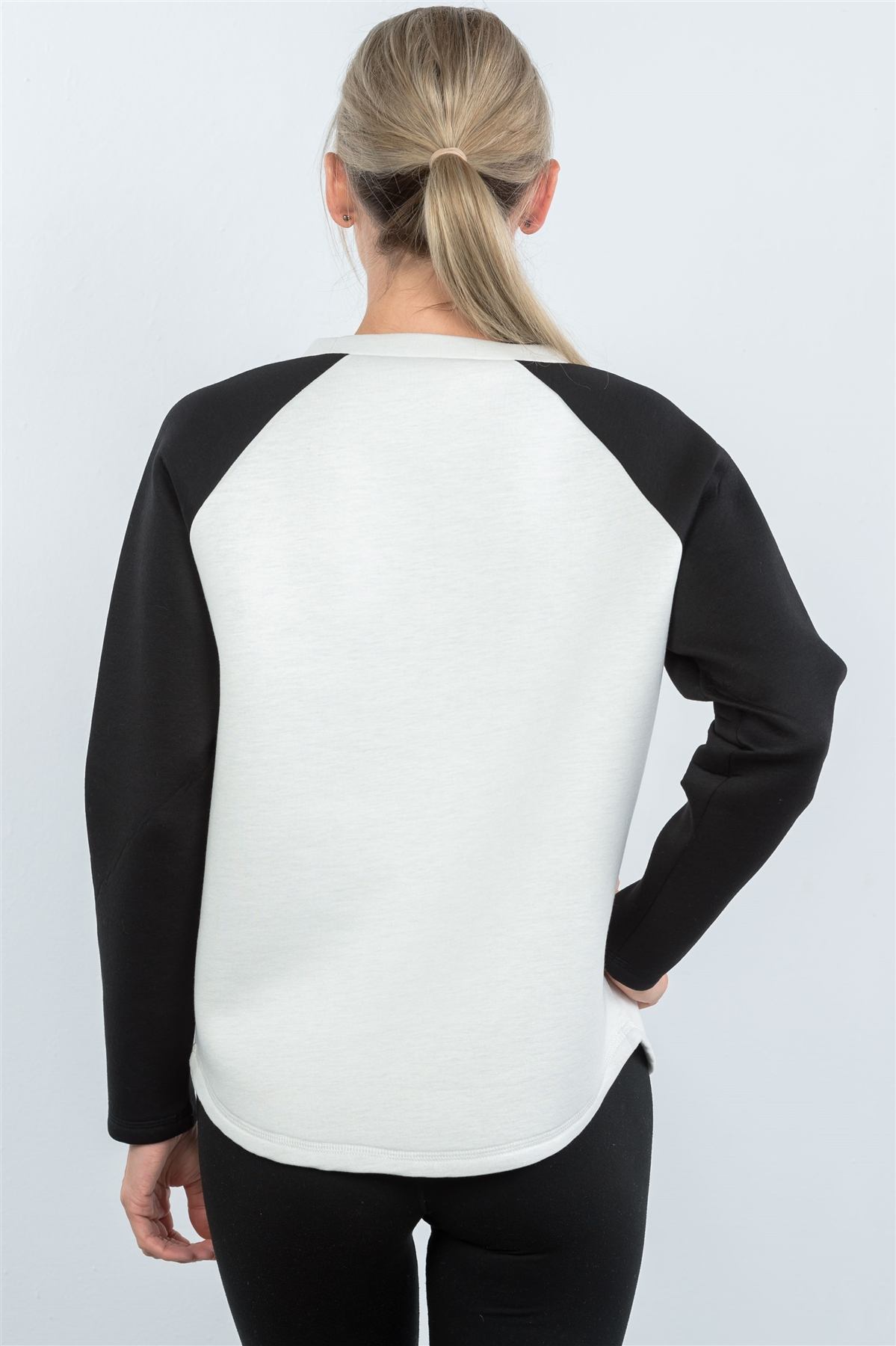 White Sleeve Curved Hem Sweater