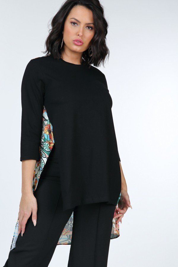 Black Asymmetrical Print High Low Top