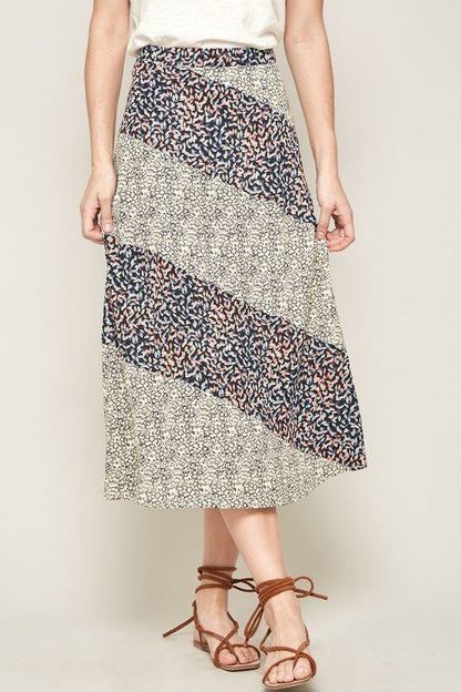 Gray Floral-print Woven Midi Skirt