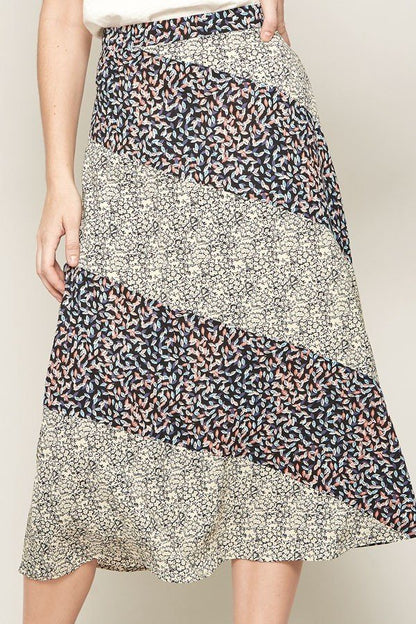 Gray Floral-print Woven Midi Skirt