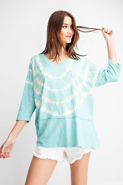 Light Blue 3/4 Sleeves Special Washed Boxy Cotton Slub Top