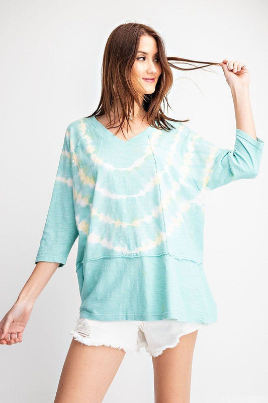 Light Blue 3/4 Sleeves Special Washed Boxy Cotton Slub Top