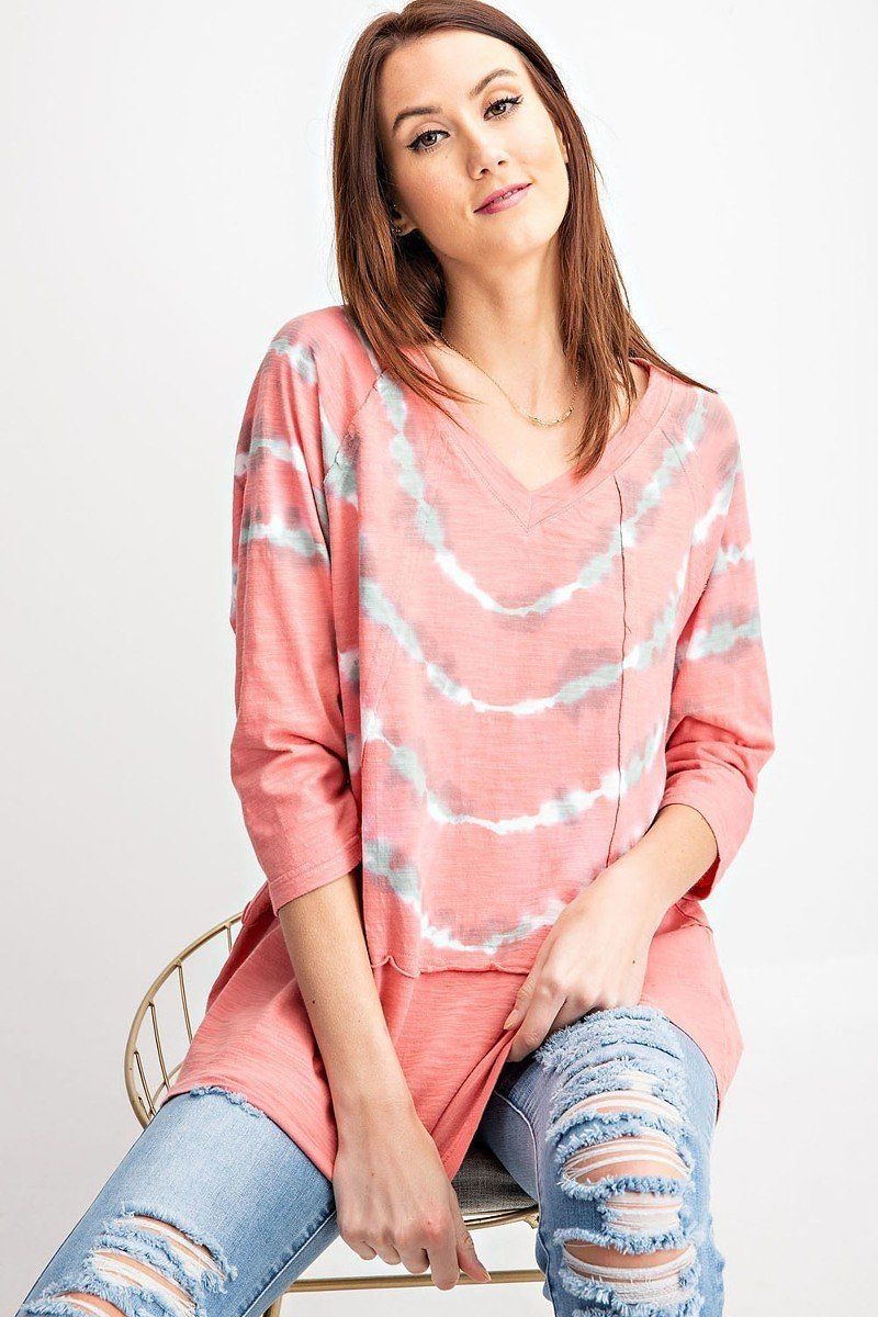 Pink 3/4 Sleeves Special Washed Boxy Cotton Slub Top
