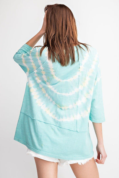 Light Blue 3/4 Sleeves Special Washed Boxy Cotton Slub Top
