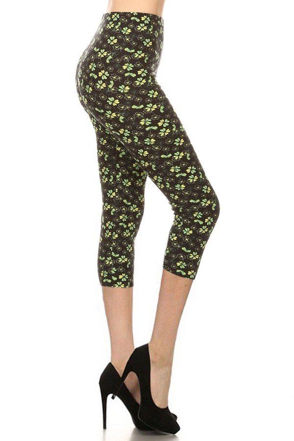 Multi-Black Clover Print, High Rise, Fitted Capri Leggings