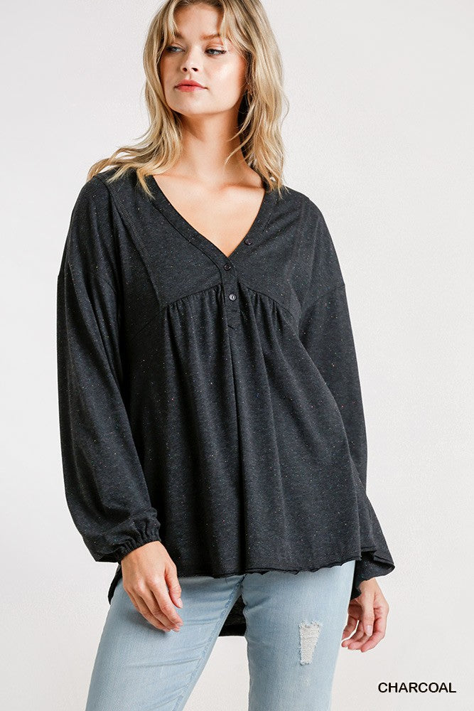 Black Confetti Detailed Long Puff Sleeve Babydoll Top With Button Front And Raw Hem