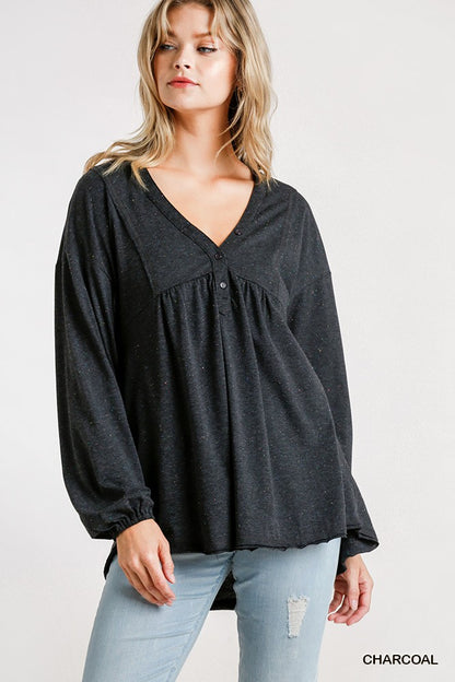 Black Confetti Detailed Long Puff Sleeve Babydoll Top With Button Front And Raw Hem