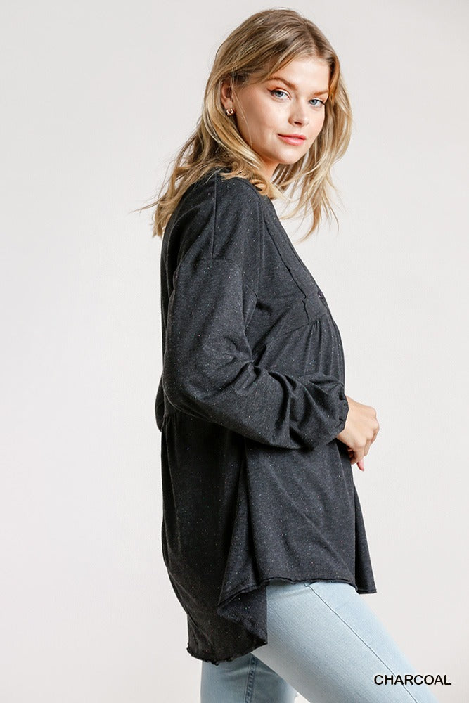 Black Confetti Detailed Long Puff Sleeve Babydoll Top With Button Front And Raw Hem