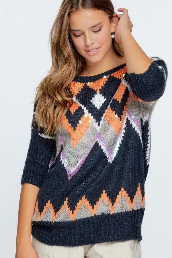 Black Pattern With Glitter Accent Sweater