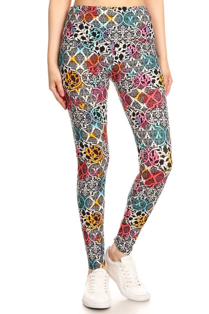 Multi-Red 5-inch Long Yoga Style Banded Lined Damask Pattern Printed Knit Legging With High Waist