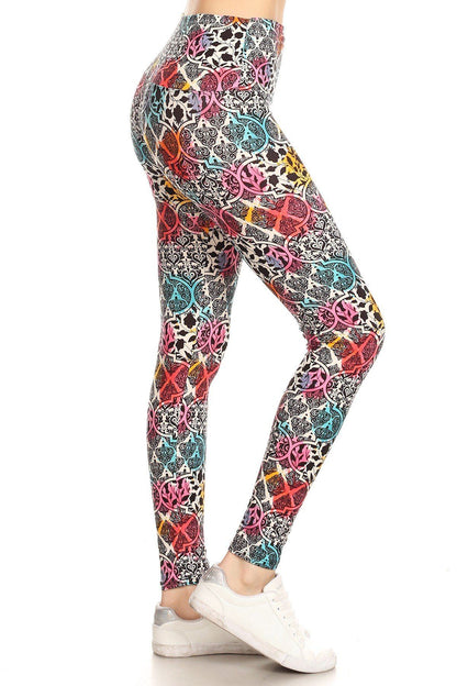 Multi-Red 5-inch Long Yoga Style Banded Lined Damask Pattern Printed Knit Legging With High Waist