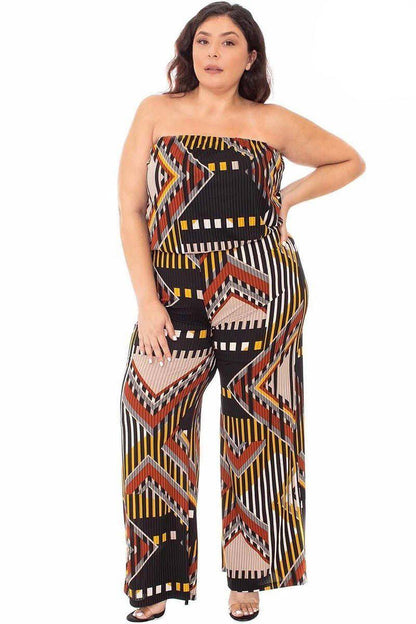 Dark Brown Abstract Print Tupbe Top Plus Size Jumpsuit