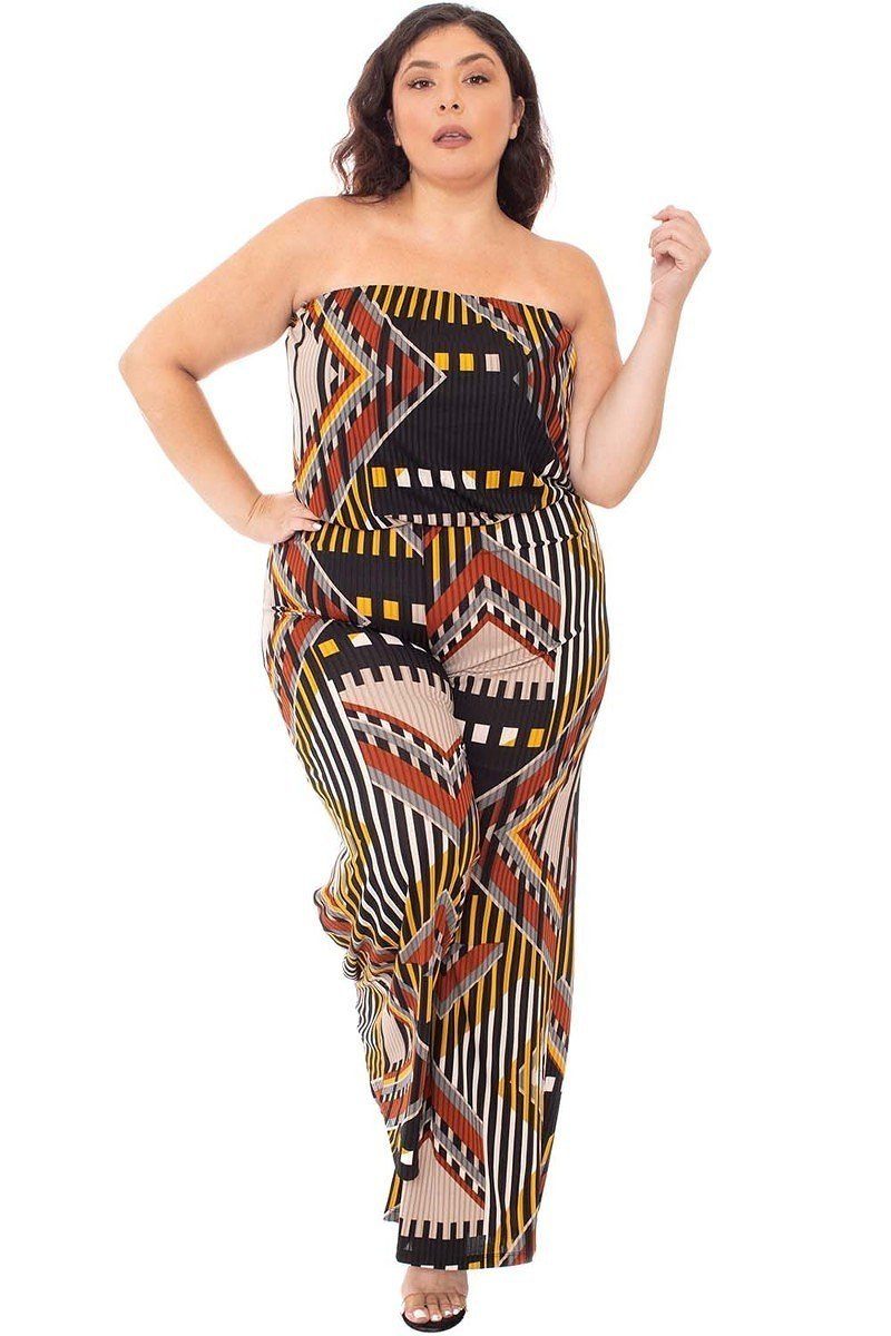 Dark Brown Abstract Print Tupbe Top Plus Size Jumpsuit