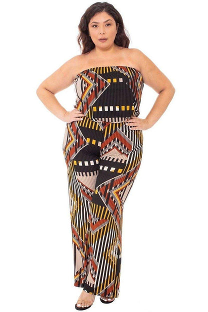 Dark Brown Abstract Print Tupbe Top Plus Size Jumpsuit