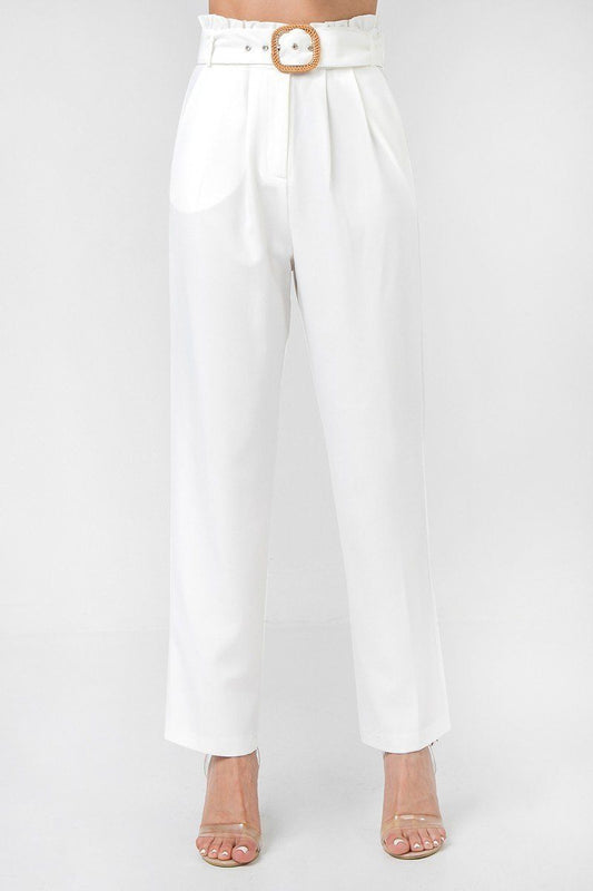 White Buckle Belt Solid Pant Featuring Paperbag Waist With Rattan