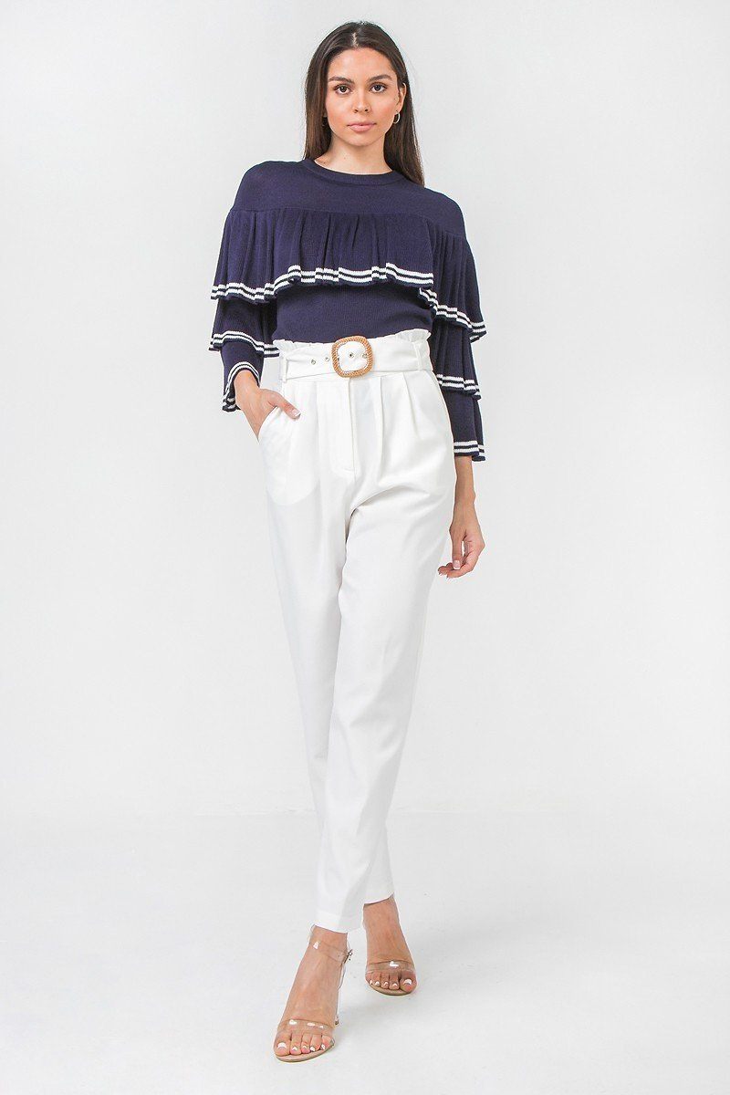 White Buckle Belt Solid Pant Featuring Paperbag Waist With Rattan