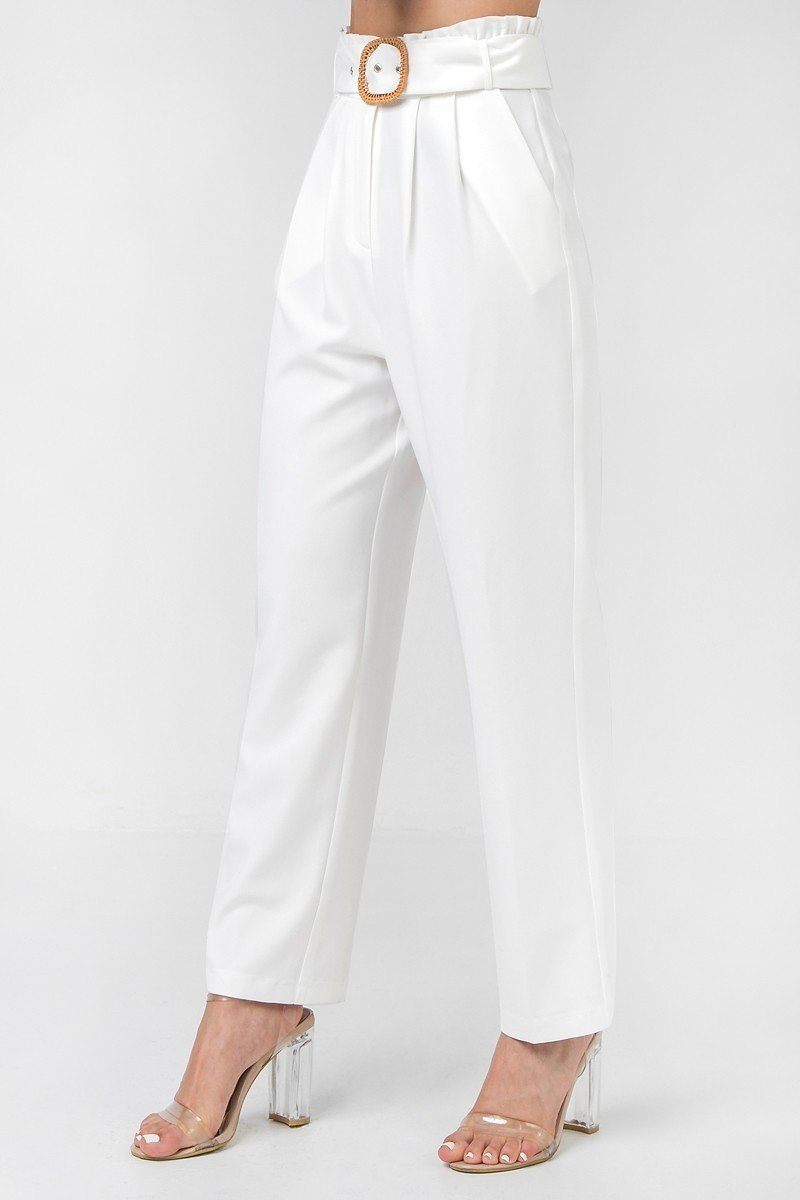 White Buckle Belt Solid Pant Featuring Paperbag Waist With Rattan