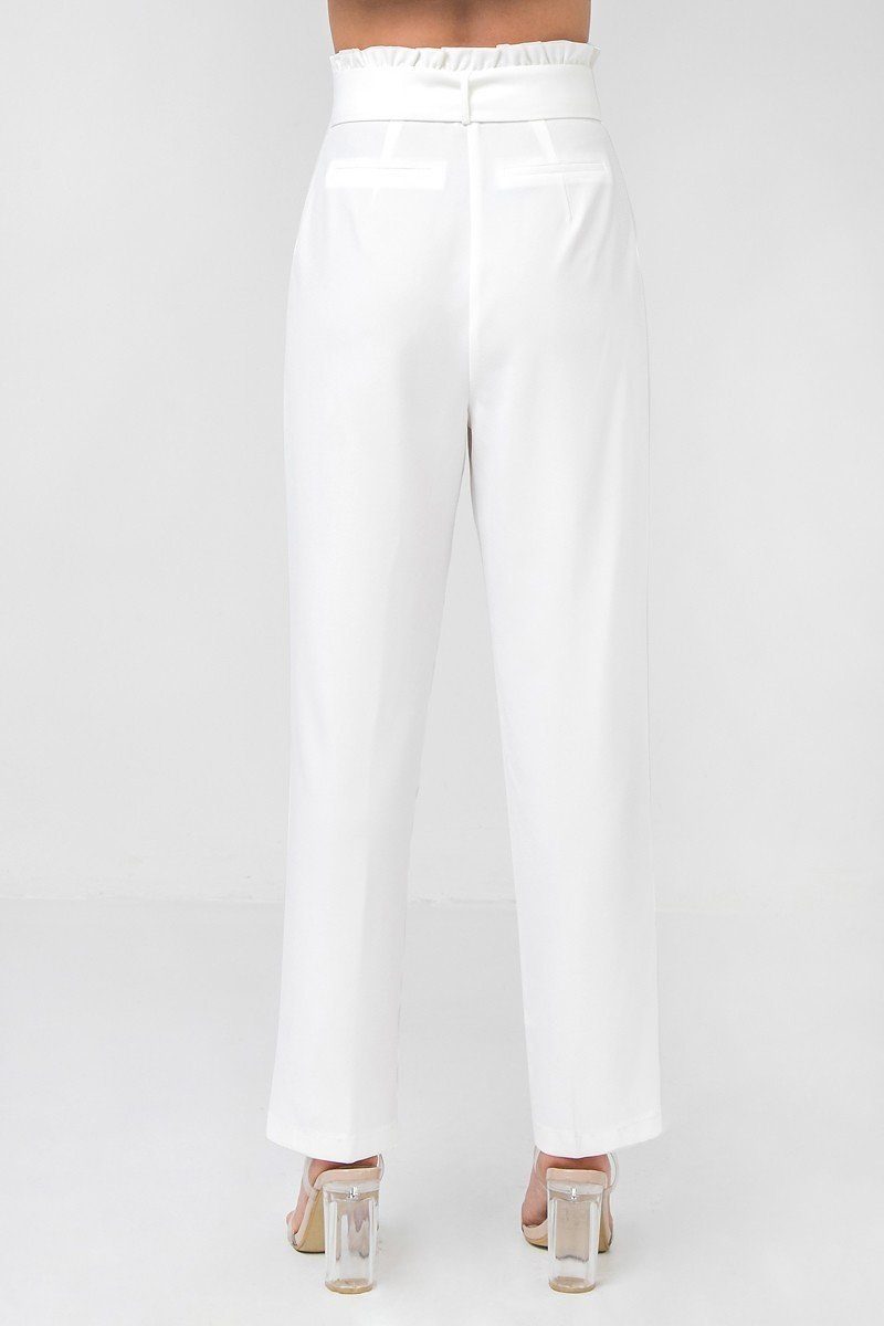 White Buckle Belt Solid Pant Featuring Paperbag Waist With Rattan