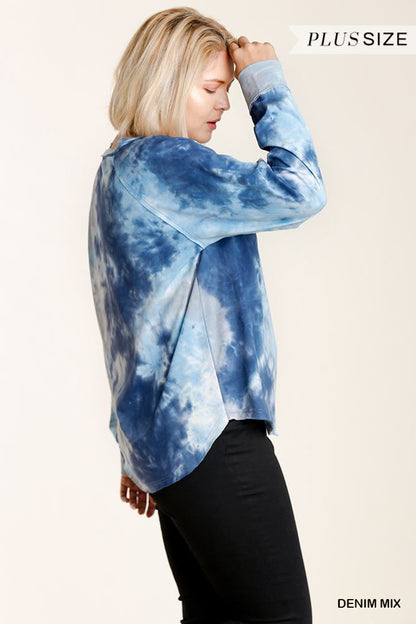 Tie-dye Button Front Long Raglan Sleeve Top With Raw Hem