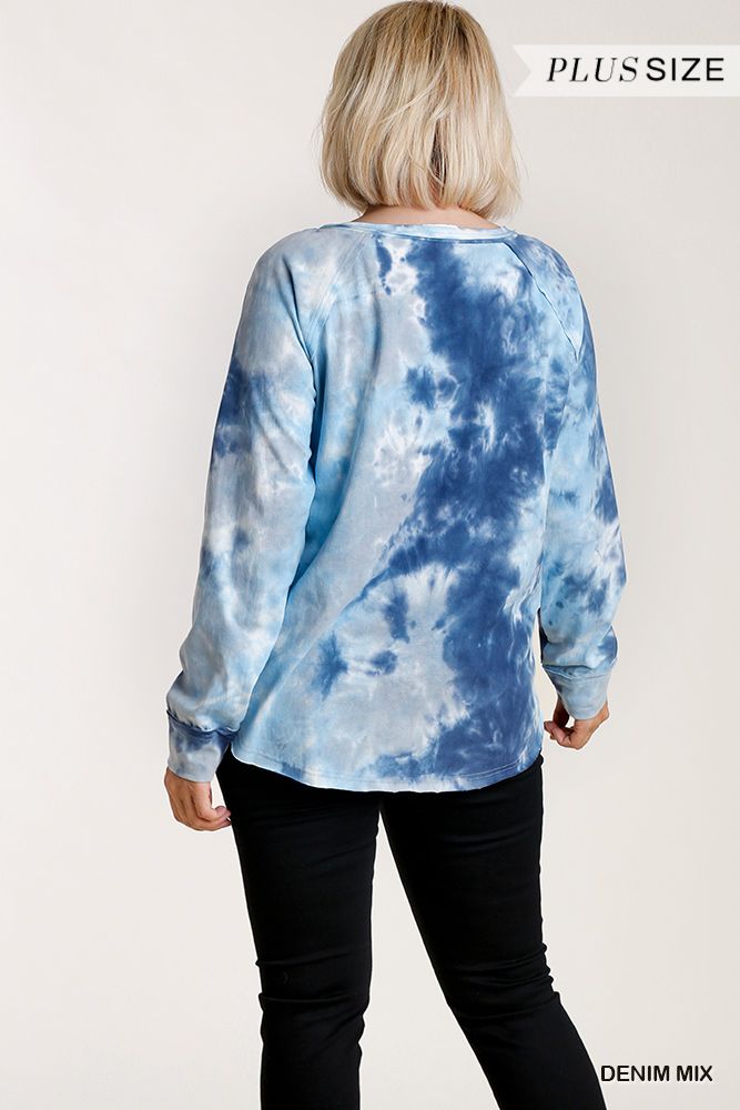 Tie-dye Button Front Long Raglan Sleeve Top With Raw Hem