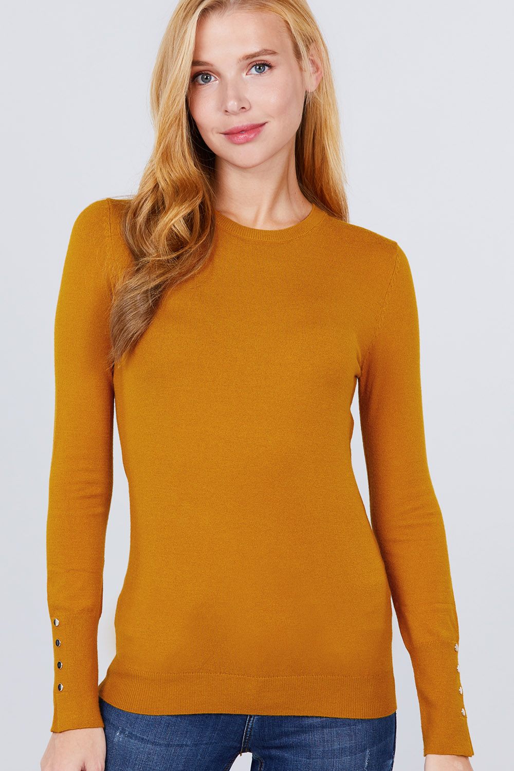 Mustard Yellow Crew Neck Sweater W/rivet Button