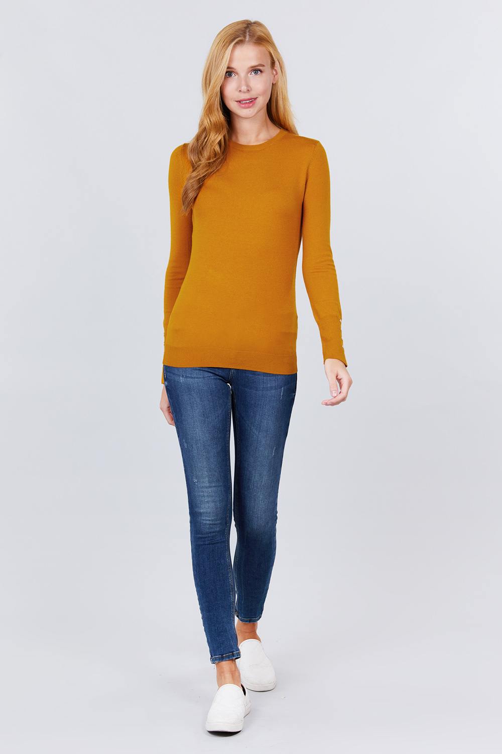 Mustard Yellow Crew Neck Sweater W/rivet Button