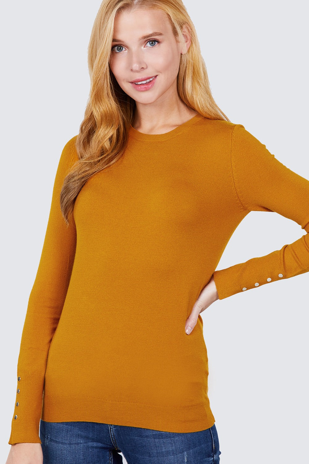 Mustard Yellow Crew Neck Sweater W/rivet Button