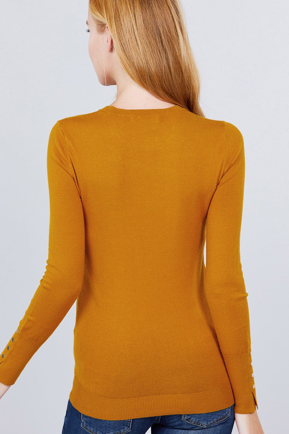 Mustard Yellow Crew Neck Sweater W/rivet Button