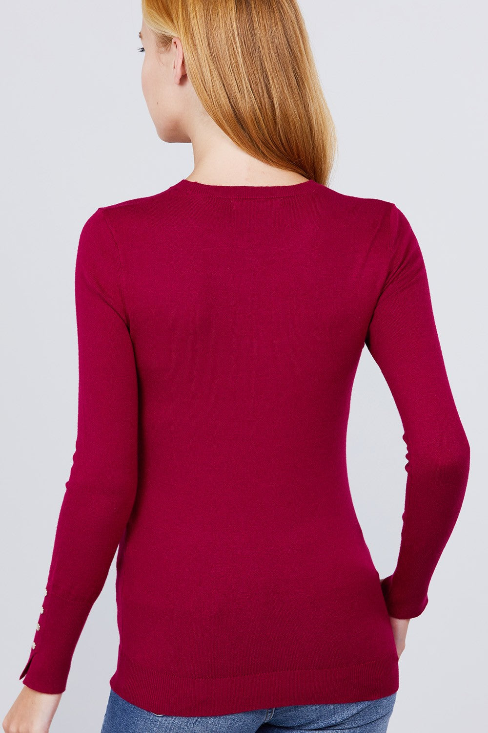 Burgundy Crew Neck Sweater W/rivet Button