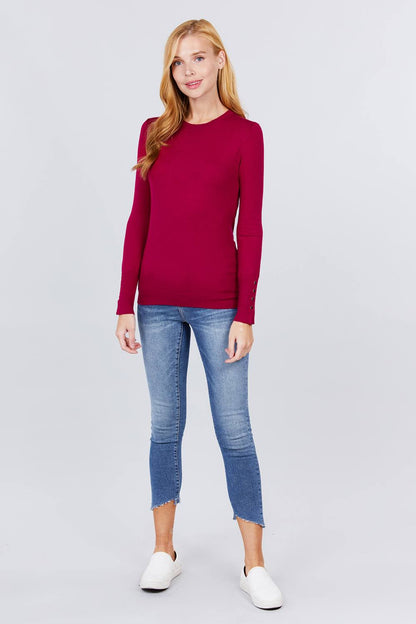 Burgundy Crew Neck Sweater W/rivet Button