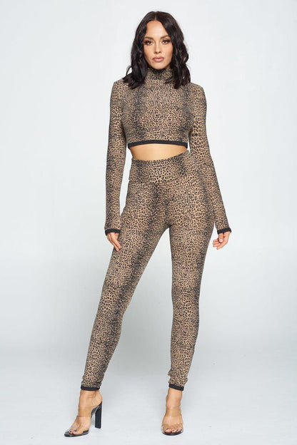 Brown Animal Print Long Sleeve Two Piece Set