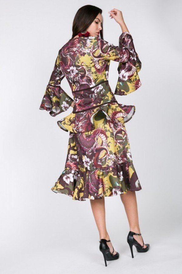 Multi-Brown Cascade Ruffle Sleeve Frill Tiered Bottom Print Midi Dress