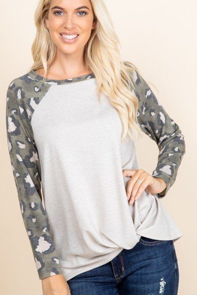 White Casual French Terry Side Twist Top With Animal Print Long Sleeves